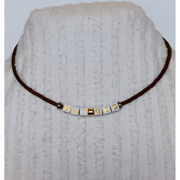 Brown Leather "BUT GOD" Beaded Mantra Necklace 16 in - Picture 1 of 5